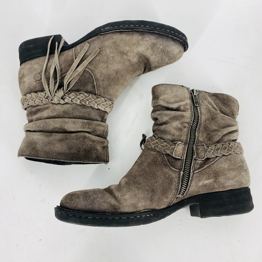 Born Ouvea Distressed Grey Suede Ankle Boots Braided Straps Size 7.5 Western - Picture 1 of 11